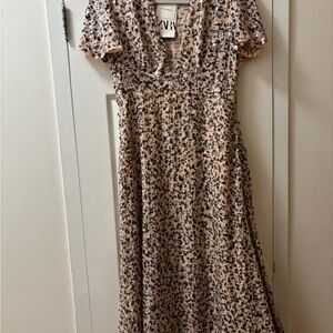 Zara Brown and Tan A-line Maxi Dress with Flutter Sleeves